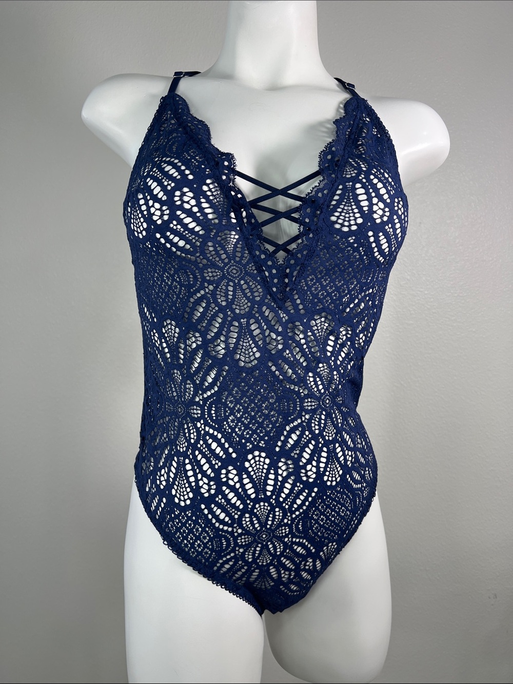 Victoria's Secret Navy Lace Crisscross V-Neck Bodysuit Teddy LARGE
